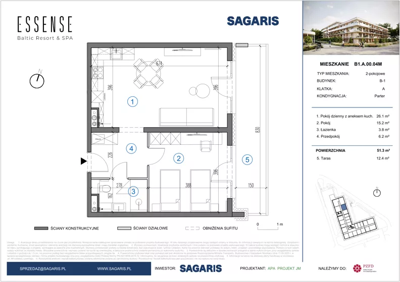 2 pokoje, mieszkanie 51,30 m², parter, oferta nr B1.A.00.04M, ESSENSE Baltic Resort II, Dziwnów, ul. Kaprala Koniecznego 14