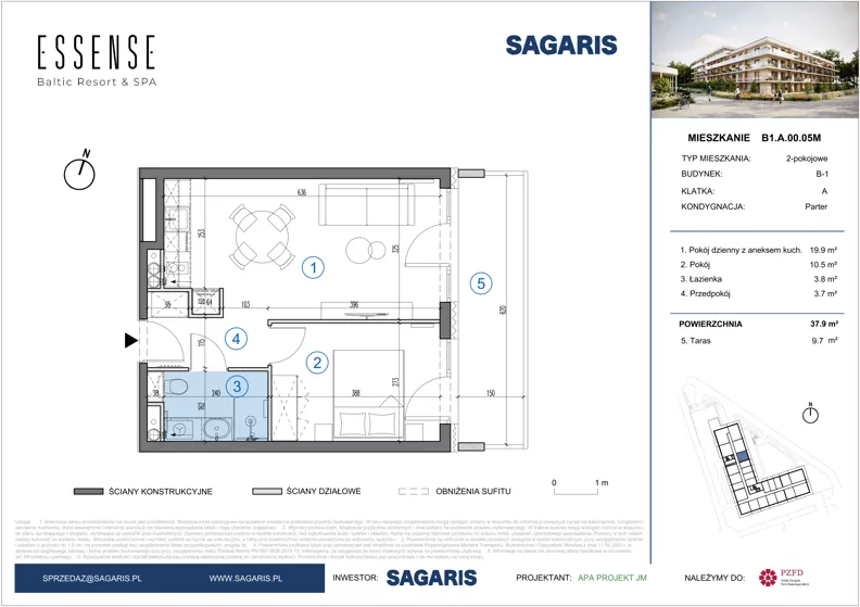 2 pokoje, mieszkanie 37,90 m², parter, oferta nr B1.A.00.05M, ESSENSE Baltic Resort II, Dziwnów, ul. Kaprala Koniecznego 14