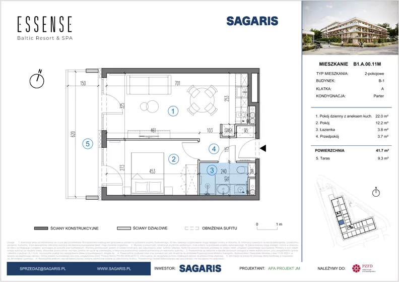 2 pokoje, mieszkanie 41,70 m², parter, oferta nr B1.A.00.11M, ESSENSE Baltic Resort II, Dziwnów, ul. Kaprala Koniecznego 14