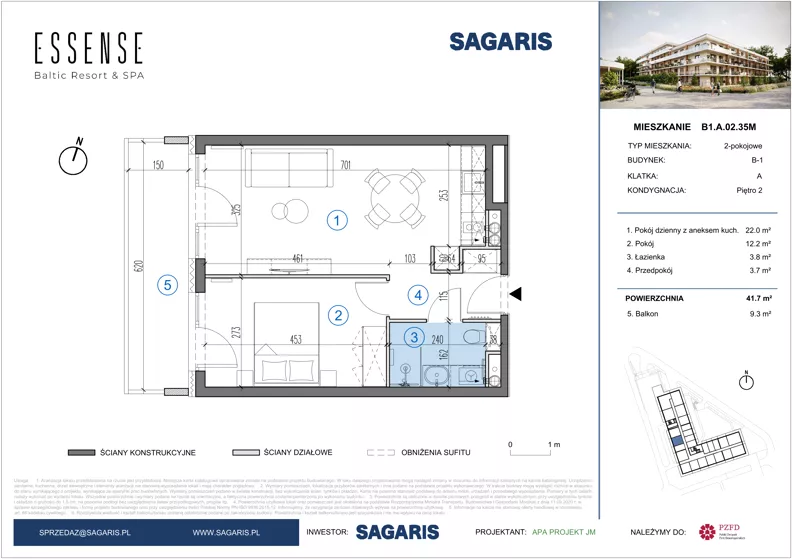2 pokoje, mieszkanie 41,70 m², piętro 2, oferta nr B1.A.02.35M, ESSENSE Baltic Resort II, Dziwnów, ul. Kaprala Koniecznego 14