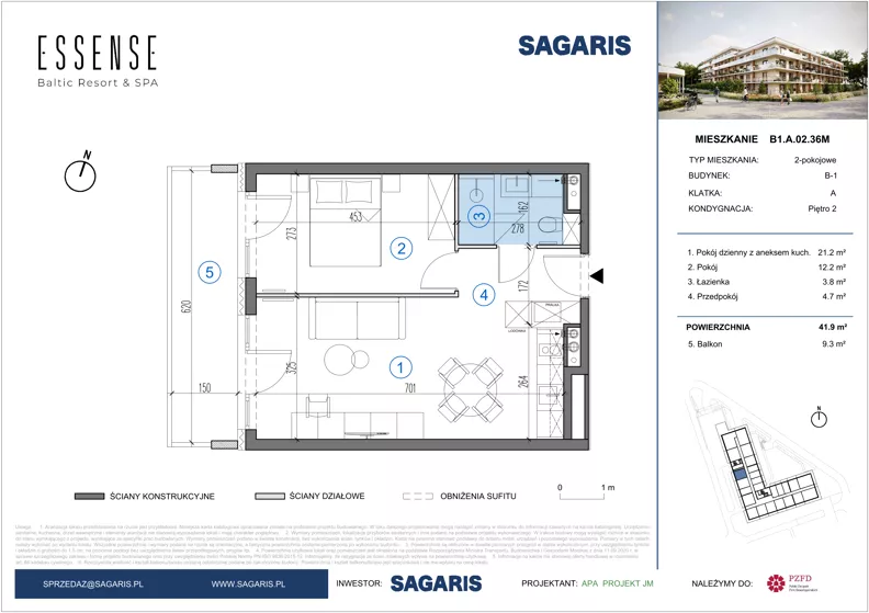 2 pokoje, mieszkanie 41,90 m², piętro 2, oferta nr B1.A.02.36M, ESSENSE Baltic Resort II, Dziwnów, ul. Kaprala Koniecznego 14