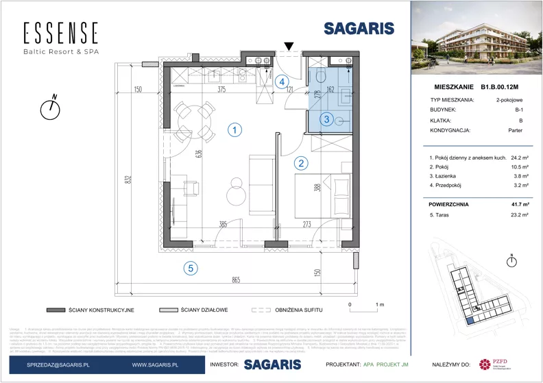 2 pokoje, mieszkanie 41,70 m², parter, oferta nr B1.B.00.12M, ESSENSE Baltic Resort II, Dziwnów, ul. Kaprala Koniecznego 14