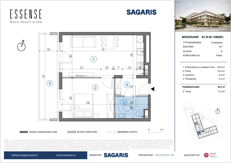 2 pokoje, mieszkanie 49,20 m², parter, oferta nr B1.B.00.13M(NP), ESSENSE Baltic Resort II, Dziwnów, ul. Kaprala Koniecznego 14