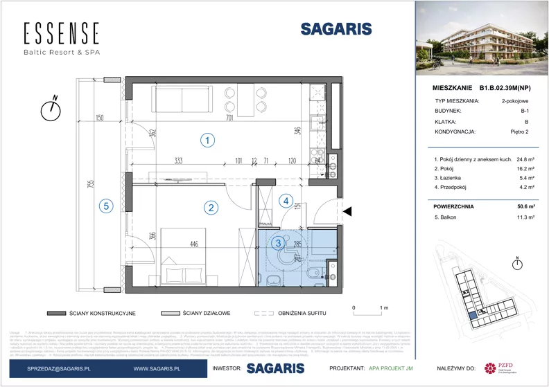 2 pokoje, mieszkanie 50,60 m², piętro 2, oferta nr B1.B.02.39M(NP), ESSENSE Baltic Resort II, Dziwnów, ul. Kaprala Koniecznego 14