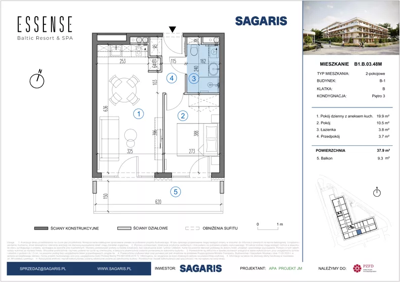 2 pokoje, mieszkanie 37,90 m², piętro 3, oferta nr B1.B.03.48M, ESSENSE Baltic Resort II, Dziwnów, ul. Kaprala Koniecznego 14