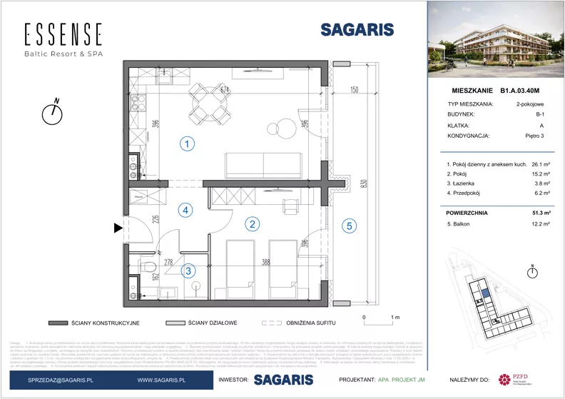 2 pokoje, mieszkanie 51,30 m², piętro 3, oferta nr B1.A.03.40M, ESSENSE Baltic Resort II, Dziwnów, ul. Kaprala Koniecznego 14