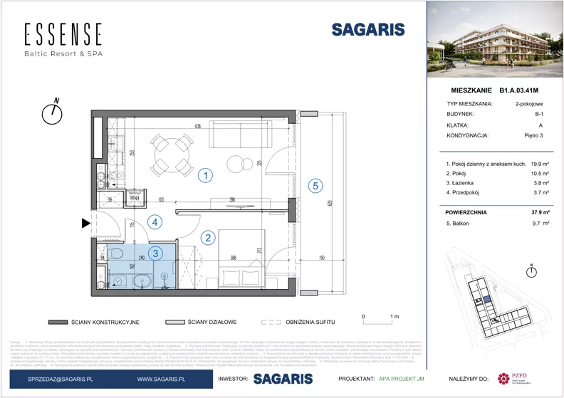 2 pokoje, mieszkanie 37,90 m², piętro 3, oferta nr B1.A.03.41M, ESSENSE Baltic Resort II, Dziwnów, ul. Kaprala Koniecznego 14