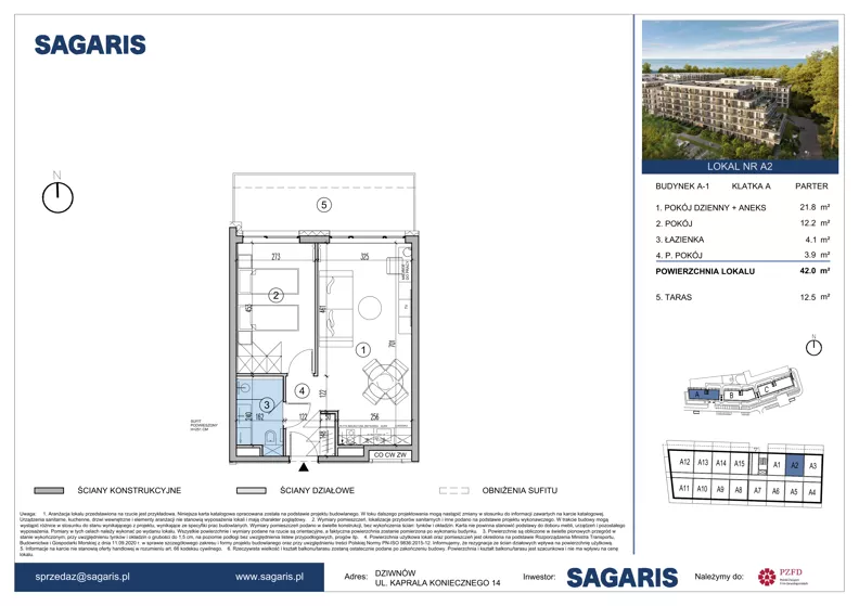 2 pokoje, apartament 42,04 m², parter, oferta nr A2, ESSENSE Baltic Resort, Dziwnów, ul. Kaprala Koniecznego 14