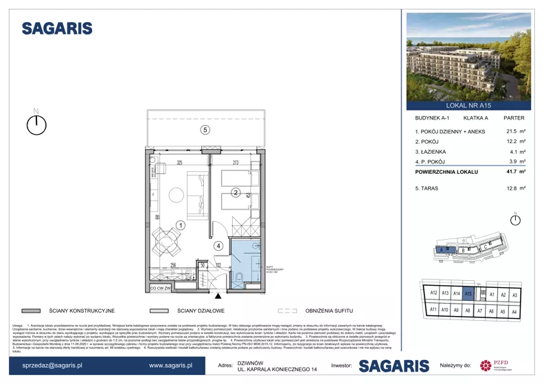 2 pokoje, apartament 42,03 m², parter, oferta nr A15, ESSENSE Baltic Resort, Dziwnów, ul. Kaprala Koniecznego 14