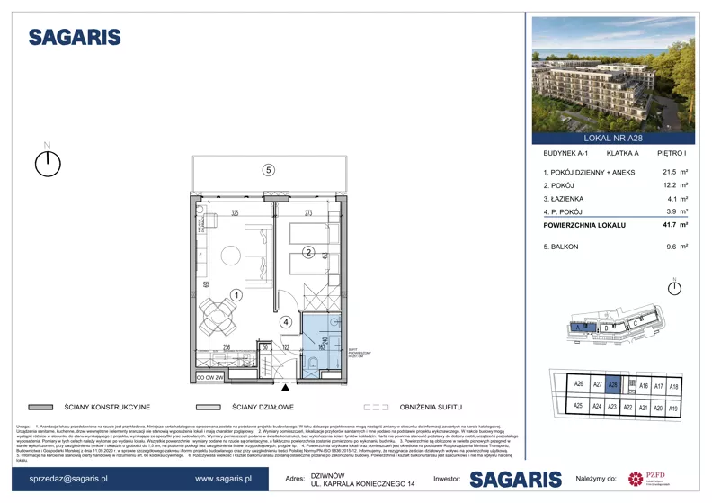 2 pokoje, apartament 41,60 m², piętro 1, oferta nr A28, ESSENSE Baltic Resort, Dziwnów, ul. Kaprala Koniecznego 14