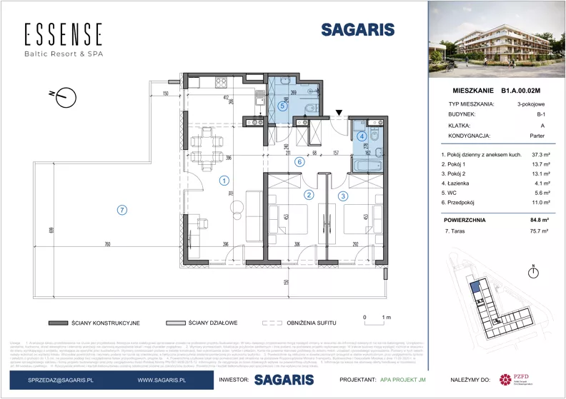 3 pokoje, mieszkanie 84,80 m², parter, oferta nr B1.A.00.02M, ESSENSE Baltic Resort II, Dziwnów, ul. Kaprala Koniecznego 14