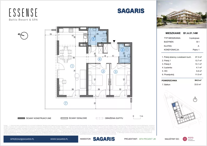 3 pokoje, mieszkanie 84,80 m², piętro 1, oferta nr B1.A.01.14M, ESSENSE Baltic Resort II, Dziwnów, ul. Kaprala Koniecznego 14