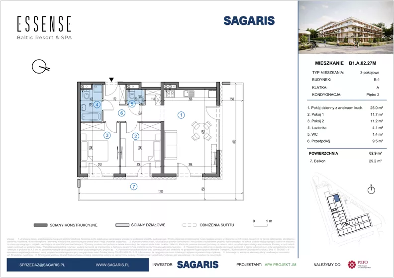 3 pokoje, mieszkanie 62,90 m², piętro 2, oferta nr B1.A.02.27M, ESSENSE Baltic Resort II, Dziwnów, ul. Kaprala Koniecznego 14