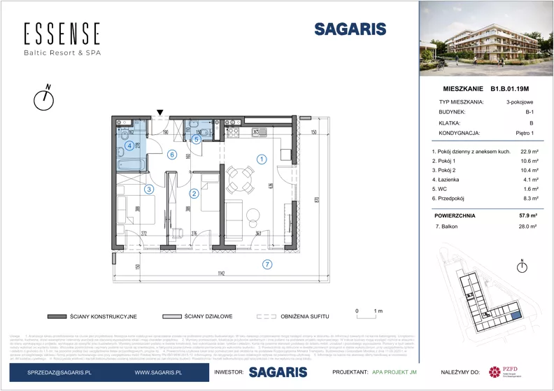 3 pokoje, mieszkanie 57,90 m², piętro 1, oferta nr B1.B.01.19M, ESSENSE Baltic Resort II, Dziwnów, ul. Kaprala Koniecznego 14