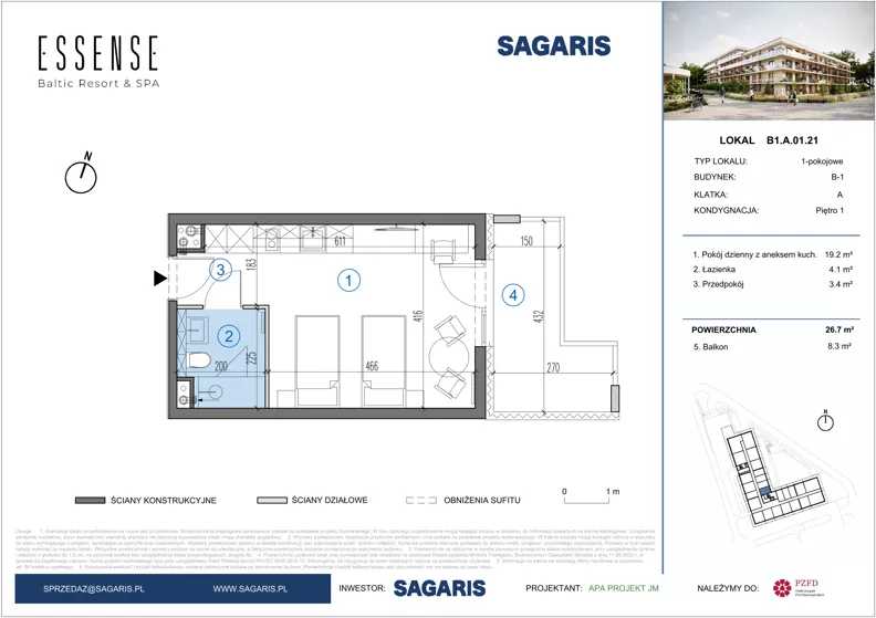 1 pokój, lokal inwestycyjny 26,70 m², piętro 1, oferta nr B1.A.01.21, ESSENSE Baltic Resort IIA - lokale inwestycyjne, Dziwnów, ul. Kaprala Koniecznego 14