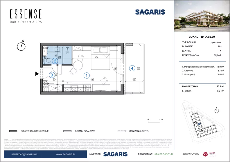 1 pokój, lokal inwestycyjny 25,30 m², piętro 2, oferta nr B1.A.02.30, ESSENSE Baltic Resort IIA - lokale inwestycyjne, Dziwnów, ul. Kaprala Koniecznego 14