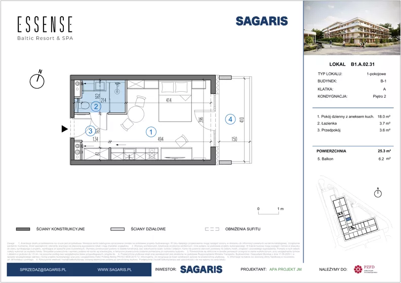 1 pokój, lokal inwestycyjny 25,30 m², piętro 2, oferta nr B1.A.02.31, ESSENSE Baltic Resort IIA - lokale inwestycyjne, Dziwnów, ul. Kaprala Koniecznego 14