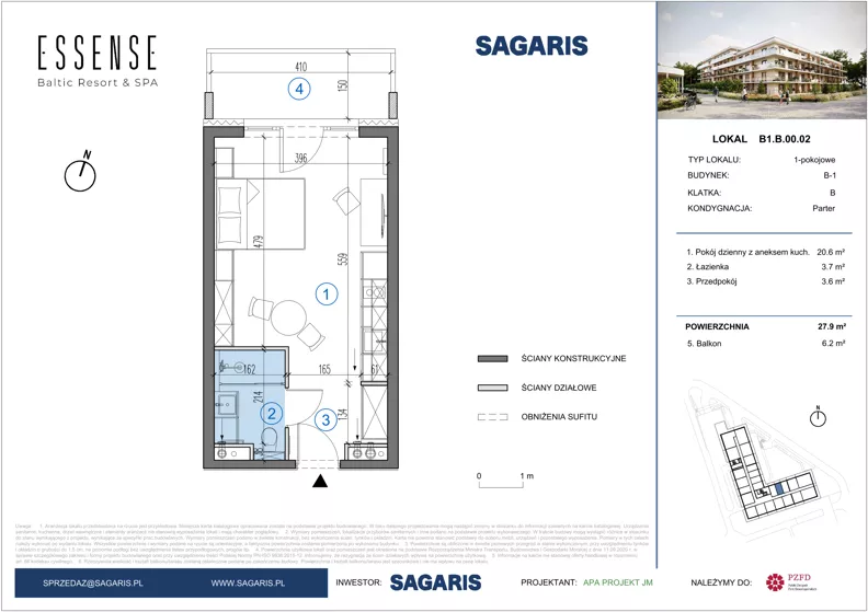 1 pokój, lokal inwestycyjny 27,90 m², parter, oferta nr B1.B.00.02, ESSENSE Baltic Resort IIA - lokale inwestycyjne, Dziwnów, ul. Kaprala Koniecznego 14