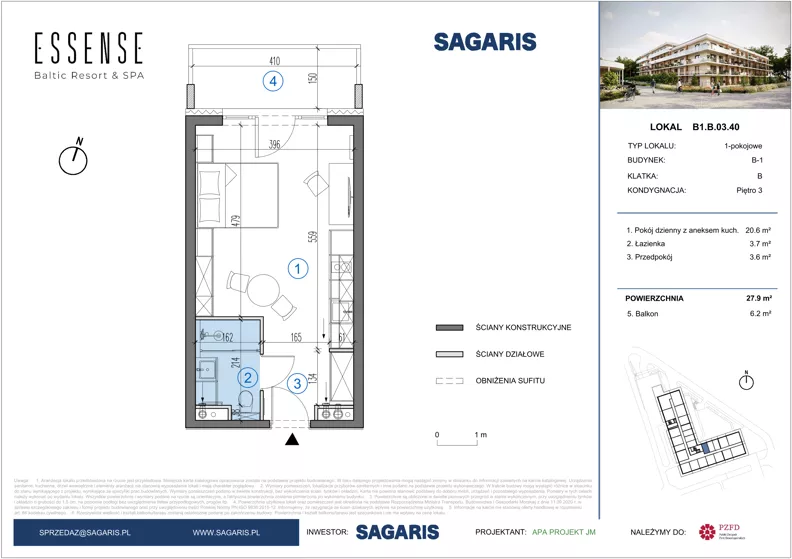 1 pokój, lokal inwestycyjny 27,90 m², piętro 3, oferta nr B1.B.03.40, ESSENSE Baltic Resort IIA - lokale inwestycyjne, Dziwnów, ul. Kaprala Koniecznego 14