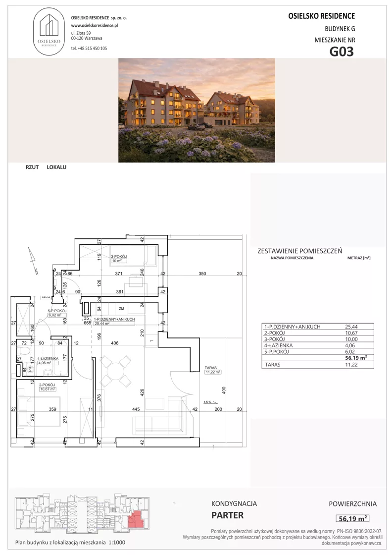 3 pokoje, mieszkanie 56,19 m², parter, oferta nr G3, Osielsko Residence bud. G, Osielsko, ul. Jana Pawła II 83