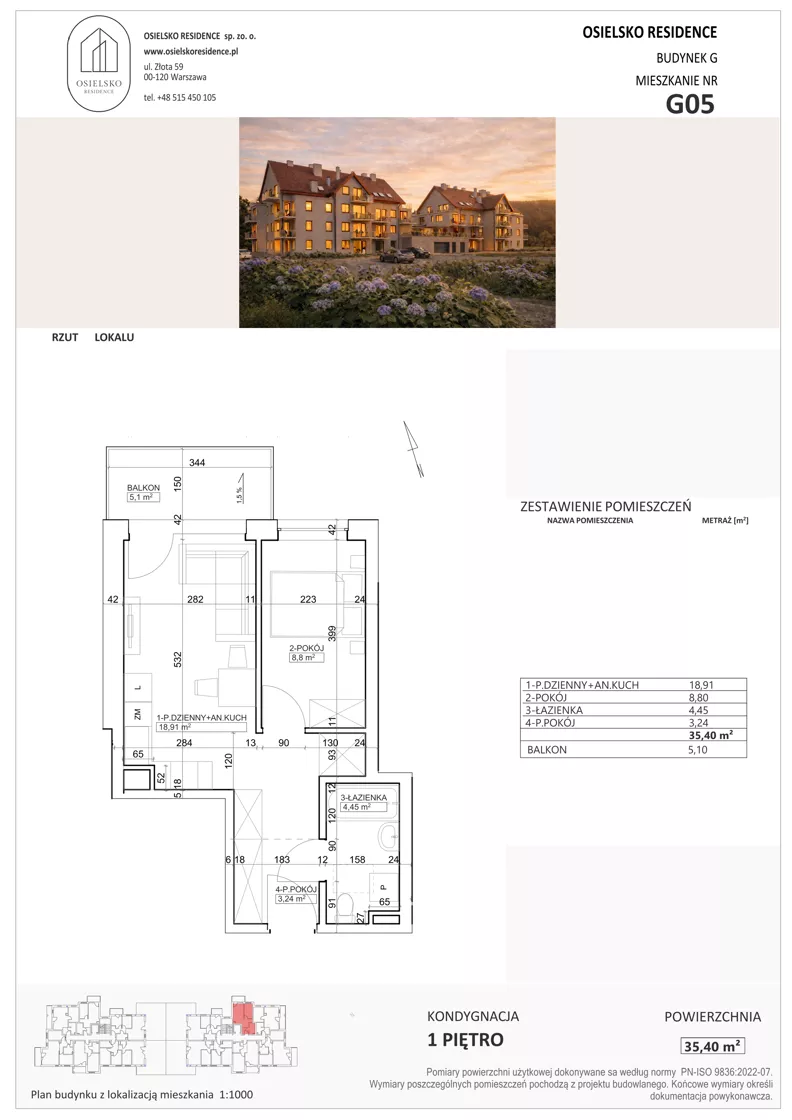 2 pokoje, mieszkanie 35,39 m², piętro 1, oferta nr G5, Osielsko Residence bud. G, Osielsko, ul. Jana Pawła II 83
