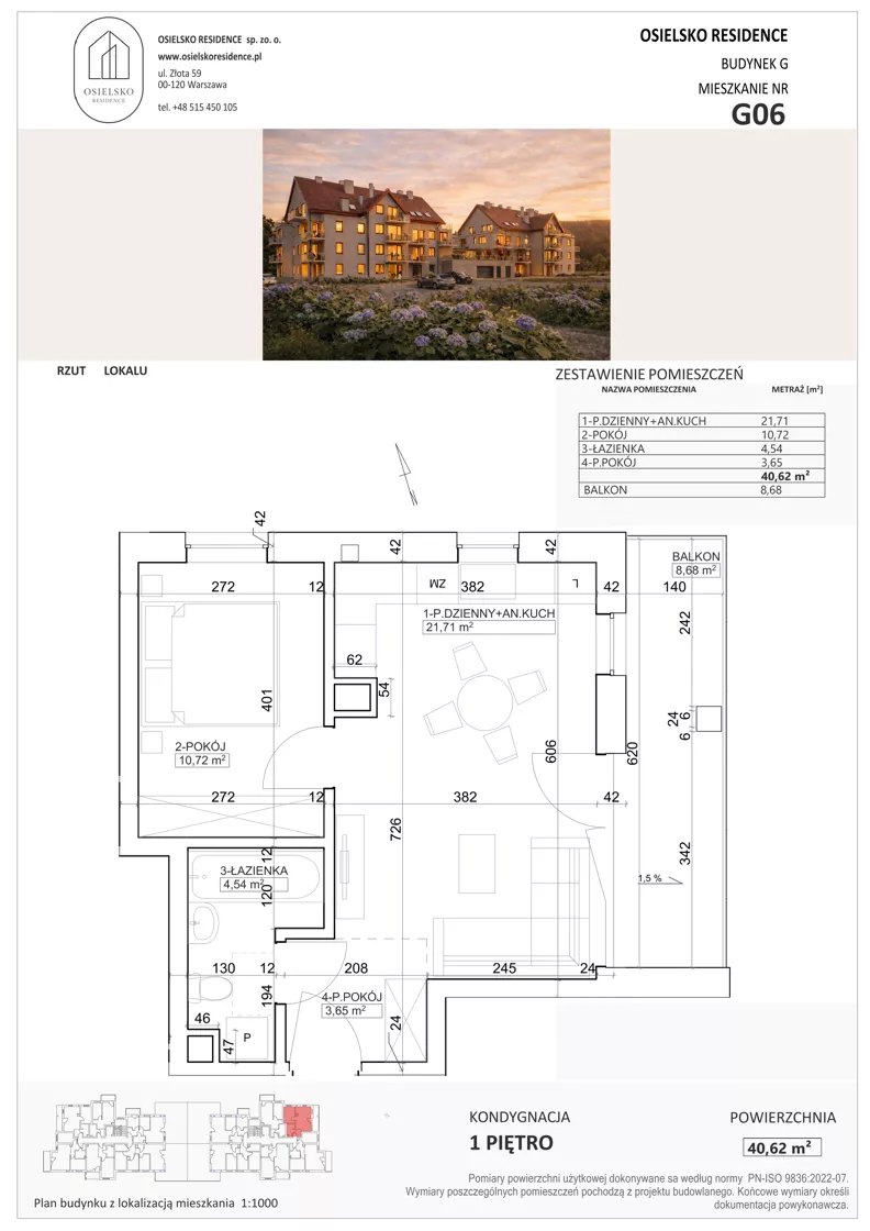 2 pokoje, mieszkanie 40,62 m², piętro 1, oferta nr G6, Osielsko Residence bud. G, Osielsko, ul. Jana Pawła II 83