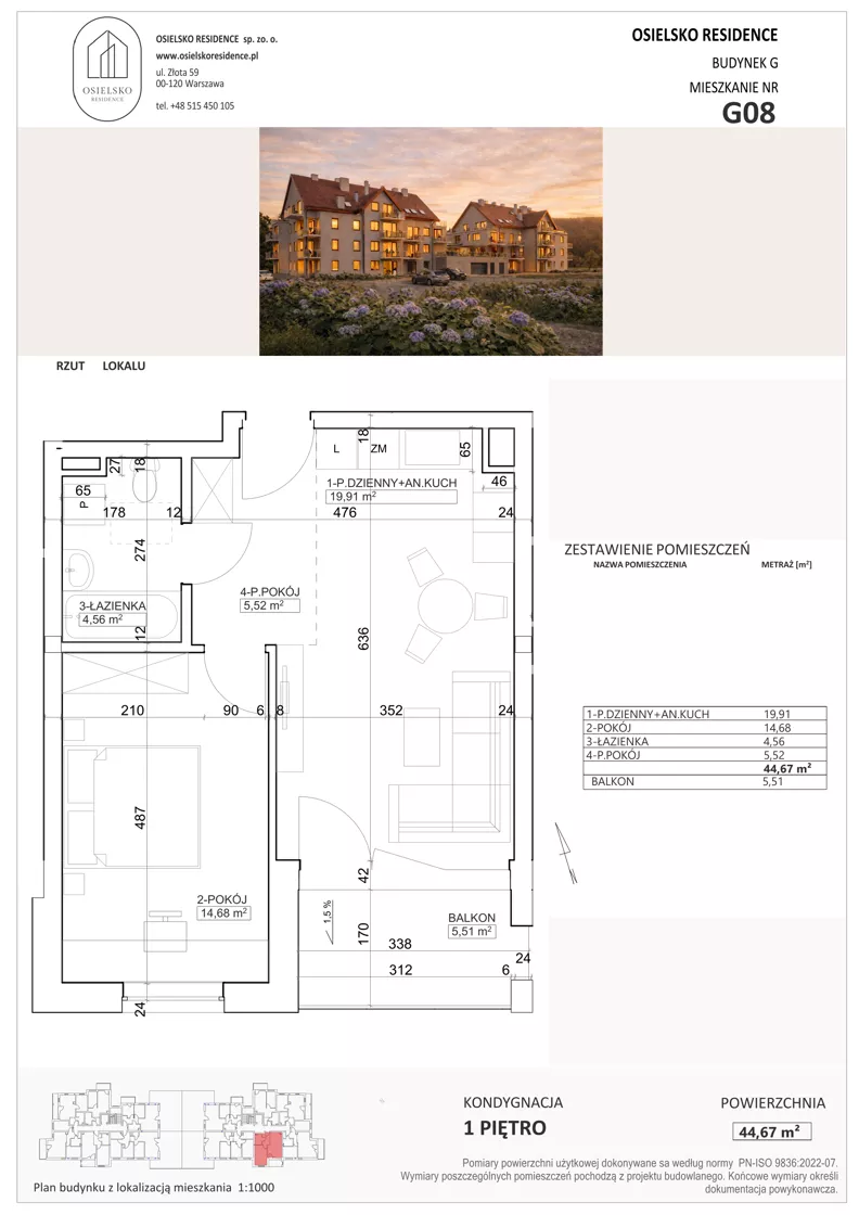 2 pokoje, mieszkanie 44,67 m², piętro 1, oferta nr G8, Osielsko Residence bud. G, Osielsko, ul. Jana Pawła II 83