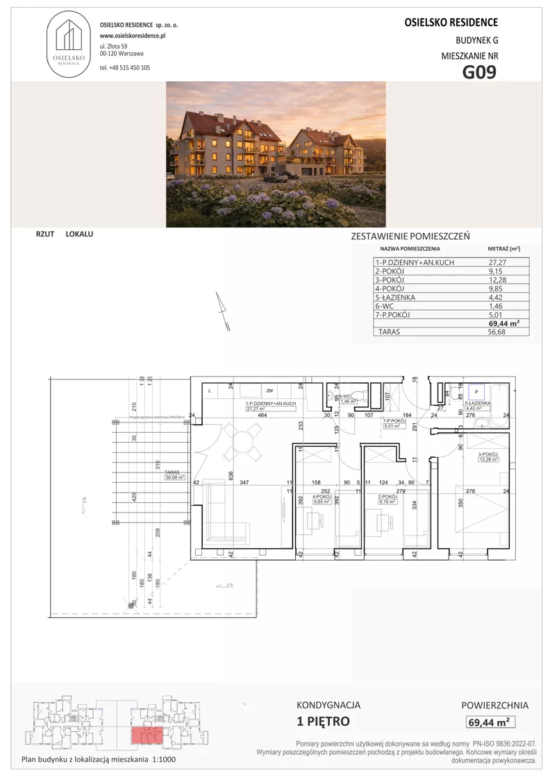 4 pokoje, mieszkanie 69,44 m², piętro 1, oferta nr G9, Osielsko Residence bud. G, Osielsko, ul. Jana Pawła II 83