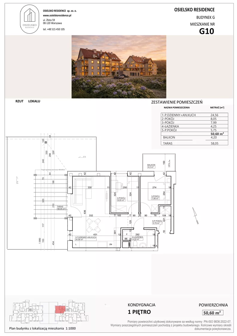 3 pokoje, mieszkanie 50,72 m², piętro 1, oferta nr G10, Osielsko Residence bud. G, Osielsko, ul. Jana Pawła II 83