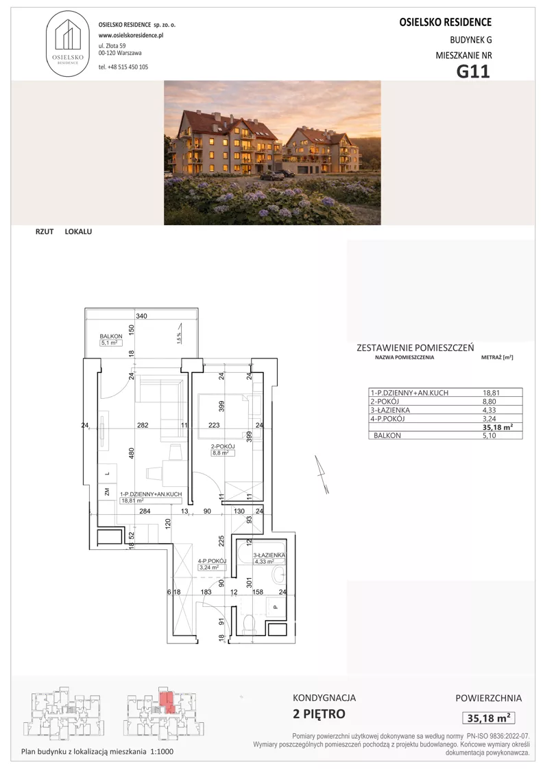 2 pokoje, mieszkanie 35,17 m², piętro 2, oferta nr G11, Osielsko Residence bud. G, Osielsko, ul. Jana Pawła II 83