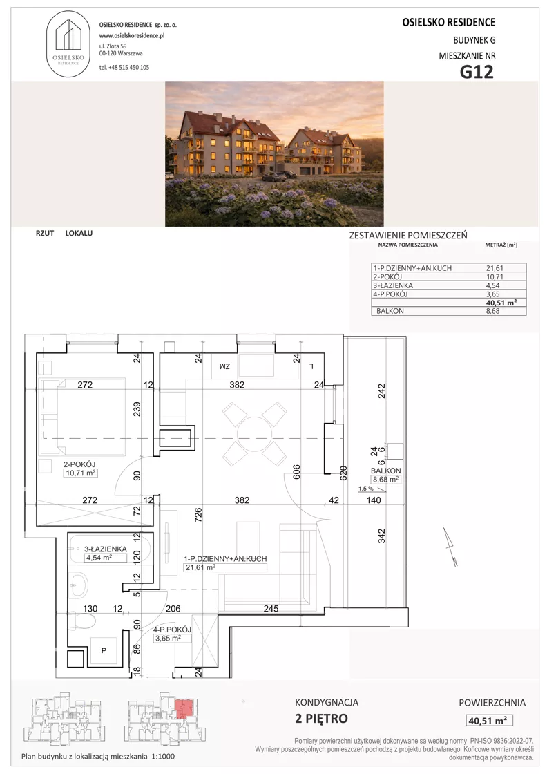 2 pokoje, mieszkanie 40,51 m², piętro 2, oferta nr G12, Osielsko Residence bud. G, Osielsko, ul. Jana Pawła II 83