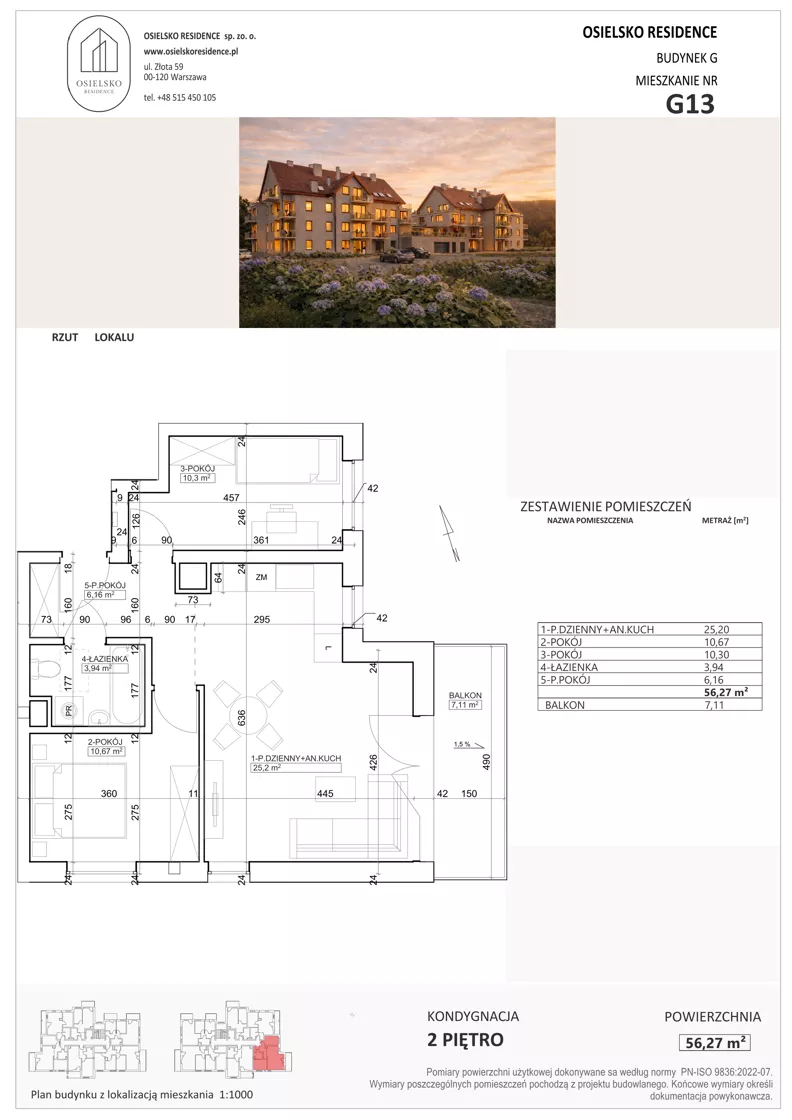 3 pokoje, mieszkanie 56,27 m², piętro 2, oferta nr G13, Osielsko Residence bud. G, Osielsko, ul. Jana Pawła II 83