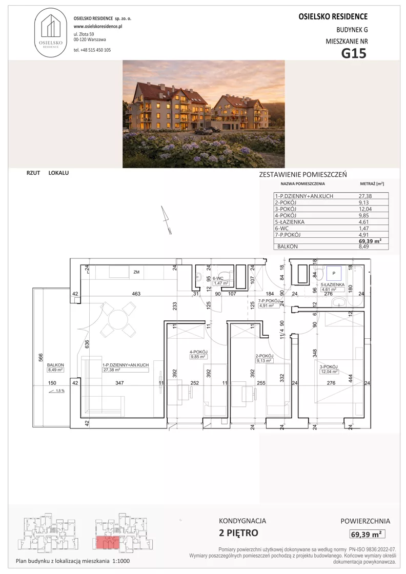 4 pokoje, mieszkanie 69,39 m², piętro 2, oferta nr G15, Osielsko Residence bud. G, Osielsko, ul. Jana Pawła II 83