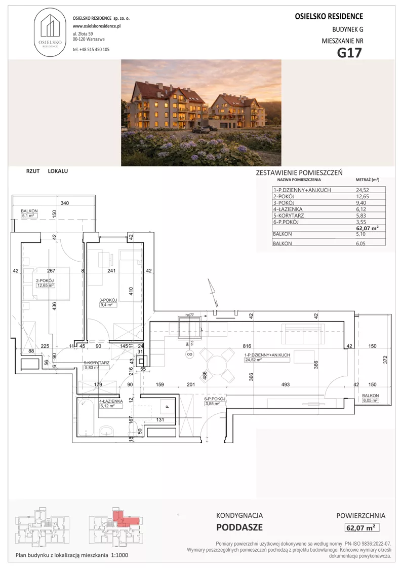 3 pokoje, mieszkanie 62,07 m², piętro 3, oferta nr G17, Osielsko Residence bud. G, Osielsko, ul. Jana Pawła II 83
