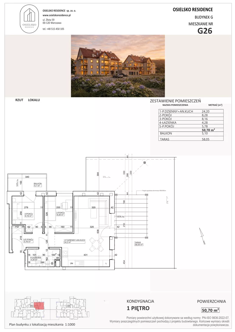 3 pokoje, mieszkanie 50,70 m², piętro 1, oferta nr G26, Osielsko Residence bud. G, Osielsko, ul. Jana Pawła II 83
