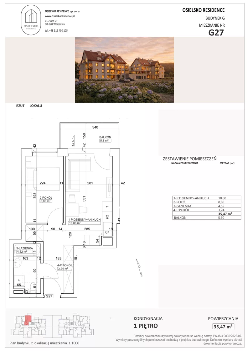 2 pokoje, mieszkanie 35,46 m², piętro 1, oferta nr G27, Osielsko Residence bud. G, Osielsko, ul. Jana Pawła II 83