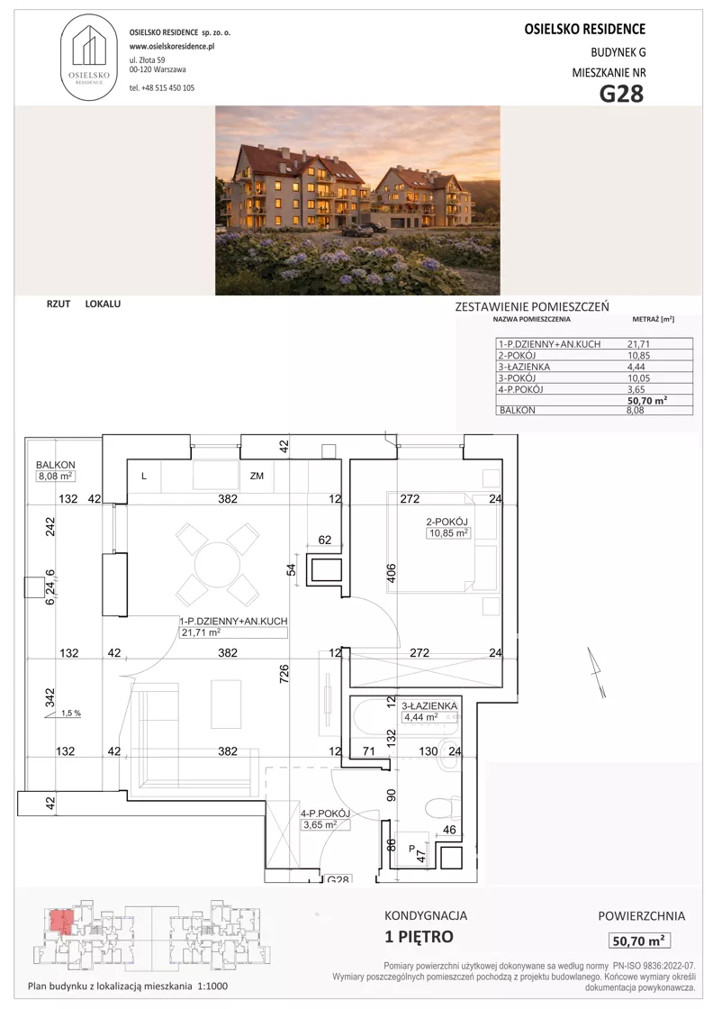 2 pokoje, mieszkanie 50,70 m², piętro 1, oferta nr G28, Osielsko Residence bud. G, Osielsko, ul. Jana Pawła II 83
