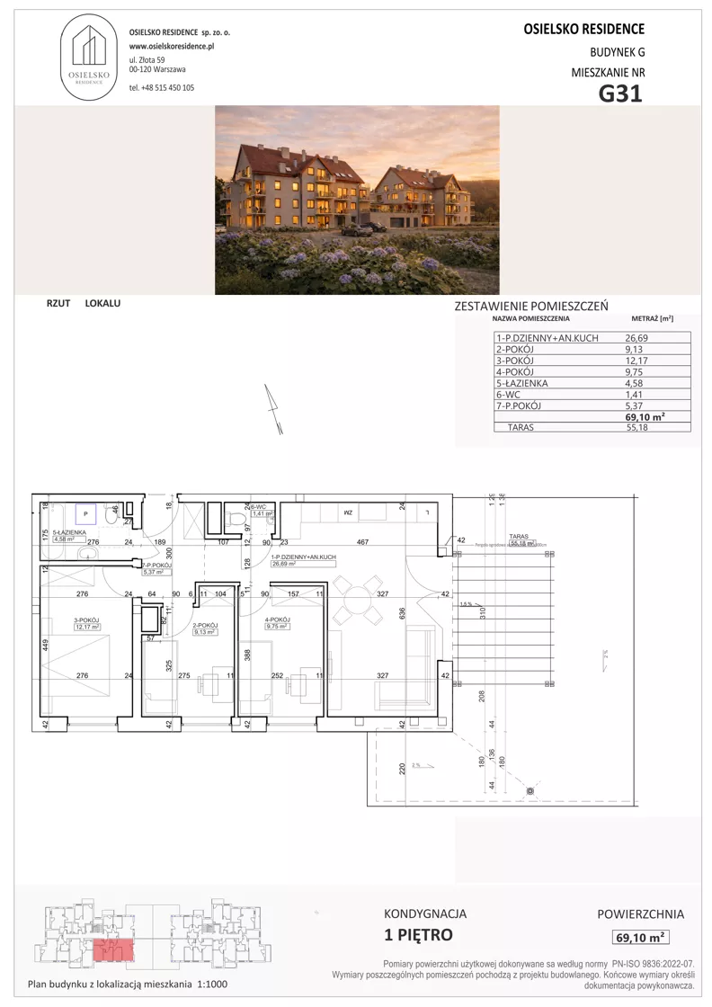4 pokoje, mieszkanie 69,03 m², piętro 1, oferta nr G31, Osielsko Residence bud. G, Osielsko, ul. Jana Pawła II 83