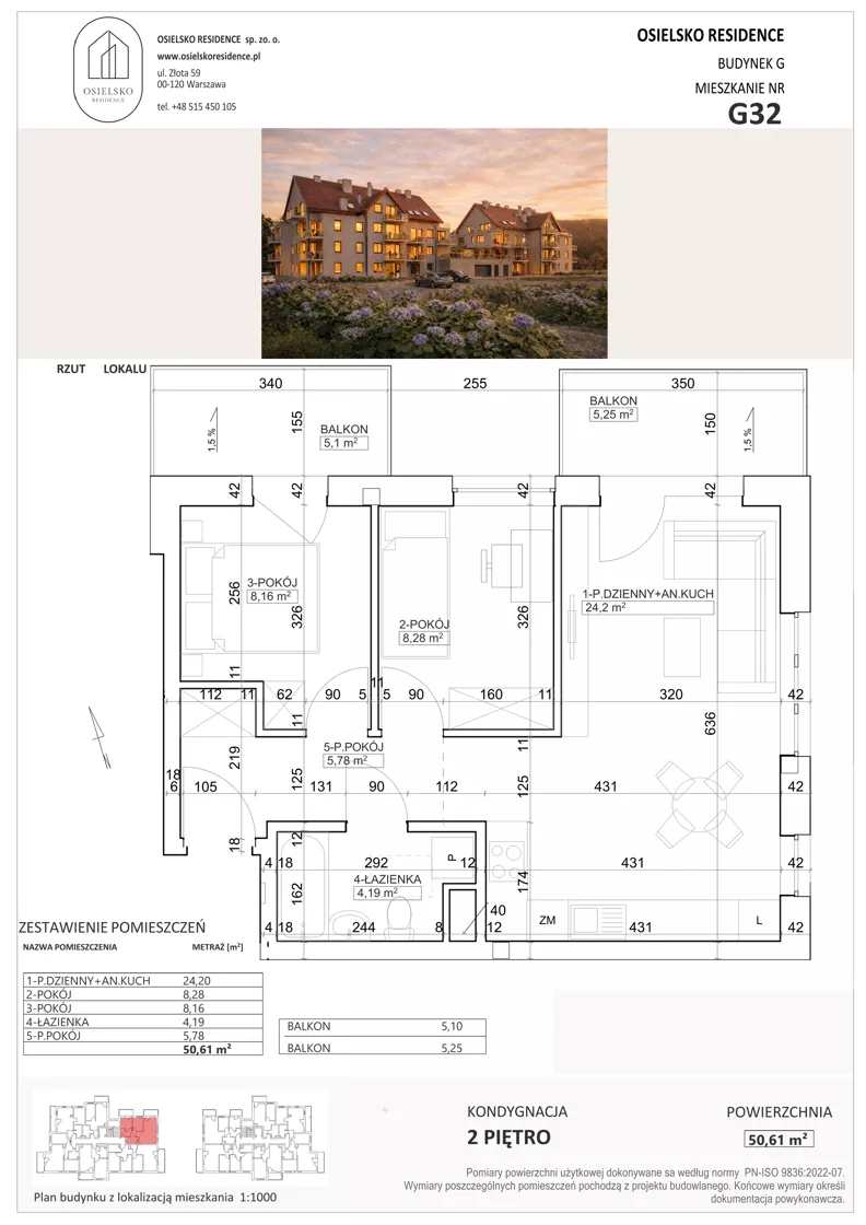 3 pokoje, mieszkanie 50,61 m², piętro 2, oferta nr G32, Osielsko Residence bud. G, Osielsko, ul. Jana Pawła II 83