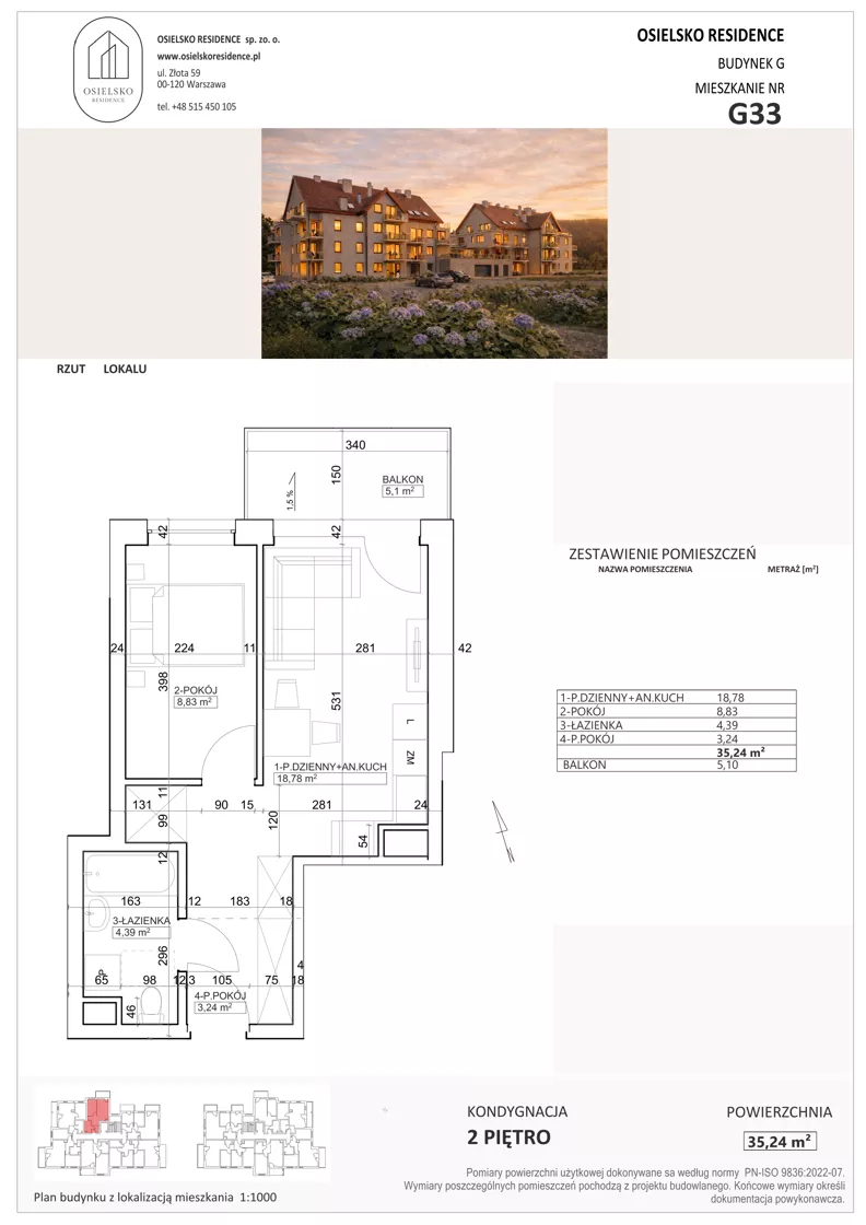 2 pokoje, mieszkanie 35,22 m², piętro 2, oferta nr G33, Osielsko Residence bud. G, Osielsko, ul. Jana Pawła II 83