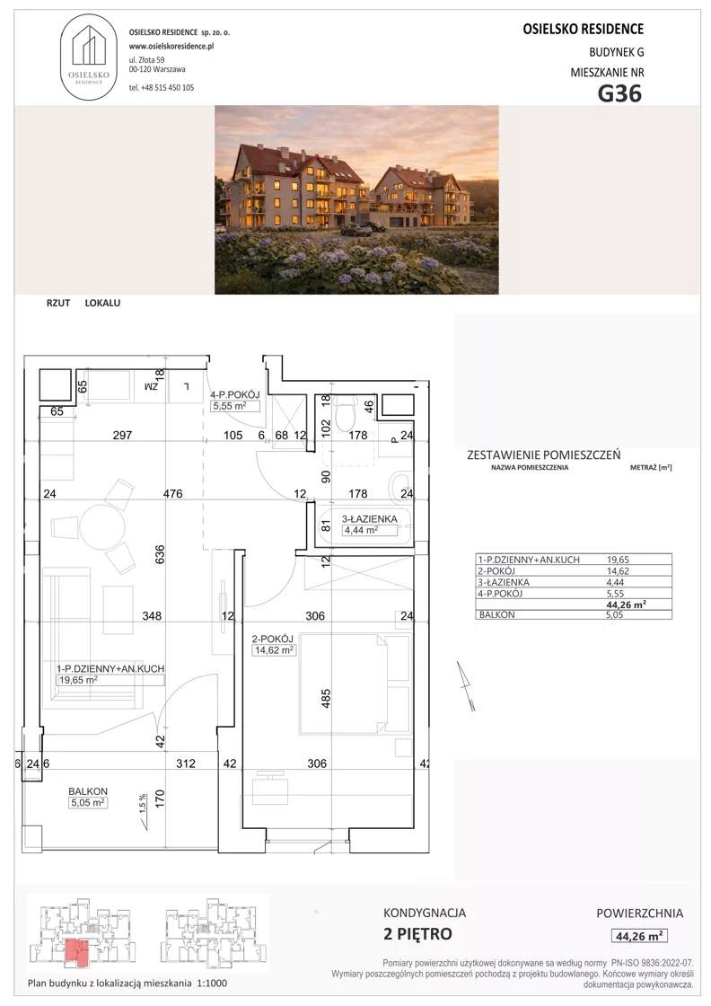 2 pokoje, mieszkanie 44,26 m², piętro 2, oferta nr G36, Osielsko Residence bud. G, Osielsko, ul. Jana Pawła II 83