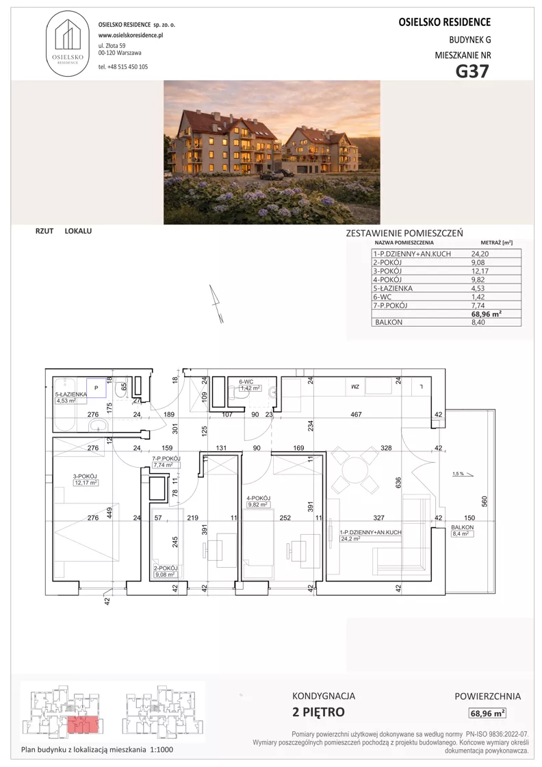 4 pokoje, mieszkanie 68,98 m², piętro 2, oferta nr G37, Osielsko Residence bud. G, Osielsko, ul. Jana Pawła II 83