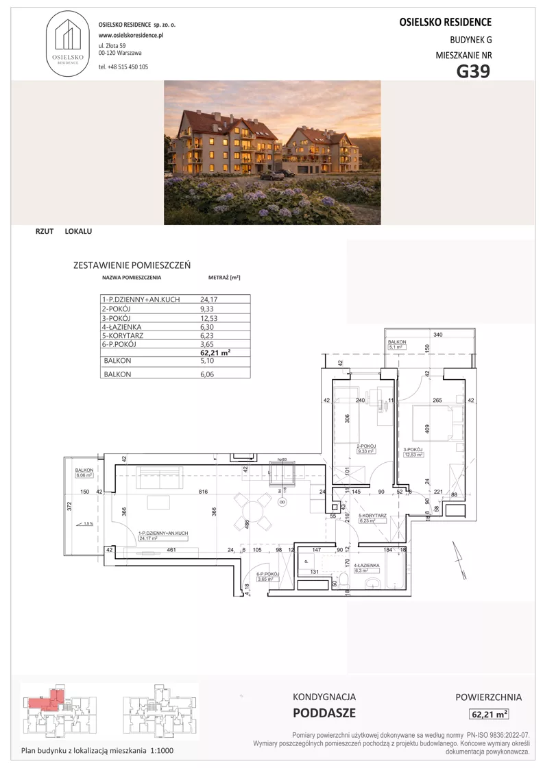 3 pokoje, mieszkanie 62,21 m², piętro 3, oferta nr G39, Osielsko Residence bud. G, Osielsko, ul. Jana Pawła II 83