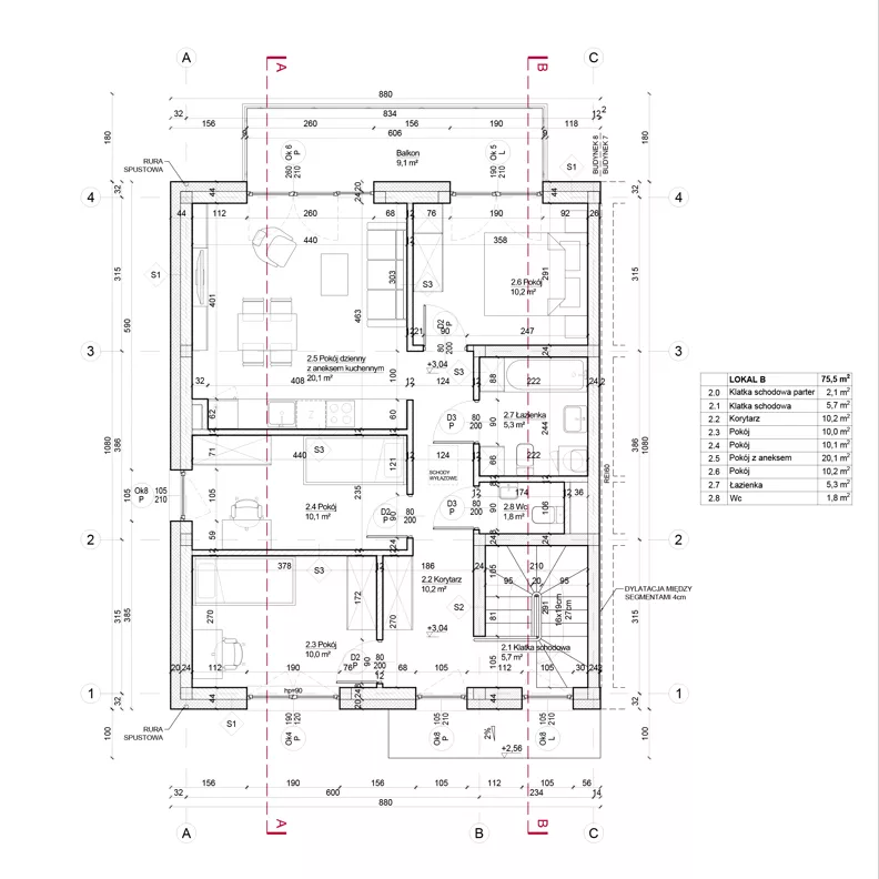 4 pokoje, mieszkanie 75,50 m², piętro 1, oferta nr 10B, Apartamenty Południowa, Dys, ul. Południowa