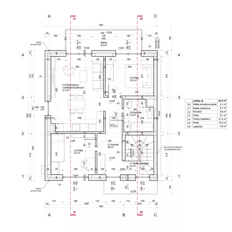2 pokoje, mieszkanie 62,90 m², piętro 1, oferta nr 2B, Apartamenty Południowa, Dys, ul. Południowa