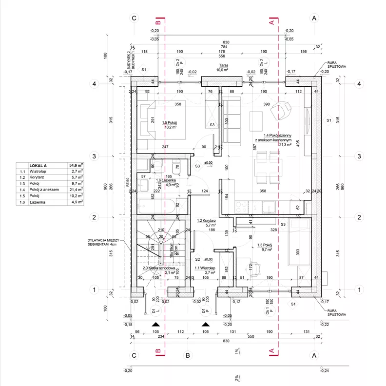 3 pokoje, mieszkanie 54,60 m², parter, oferta nr 3A, Apartamenty Południowa, Dys, ul. Południowa