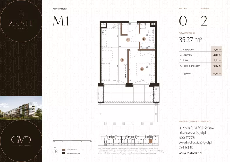 2 pokoje, apartament 35,27 m², parter, oferta nr M1, ZENIT Głowackiego, Kraków, Bronowice, ul. Głowackiego 22