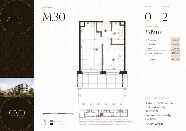 2 pokoje, apartament 35,19 m², parter, oferta nr M30, ZENIT Głowackiego, Kraków, Bronowice, ul. Głowackiego 22