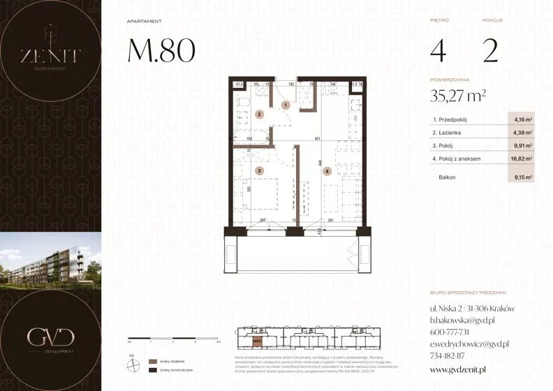 2 pokoje, apartament 35,27 m², piętro 4, oferta nr M80, ZENIT Głowackiego, Kraków, Bronowice, ul. Głowackiego 22
