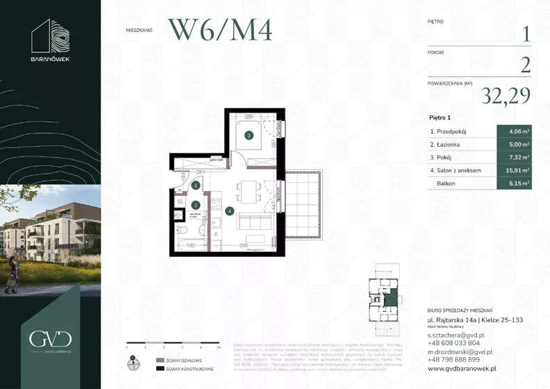 2 pokoje, mieszkanie 32,29 m², piętro 1, oferta nr M-W6/04, GVD Baranówek, Kielce, Baranówek, ul. Rajtarska 10
